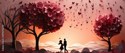 Romantisches Papierhandwerk: Herzballons und Bäume photo