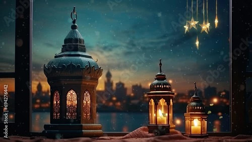 ramadan decoration with arabic lantern and candle in the night. seamless looping time-lapse virtual 4k video animation background. photo