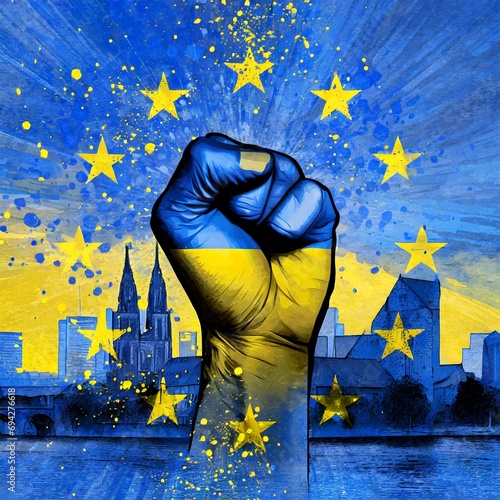 A raised fist colored in the Ukrainian flag, with the EU stars surrounding it and a city backdrop. Illustrative digital art concept, depicting the European Union integration process for Ukraine.

