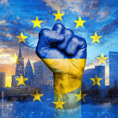 A raised fist colored in the Ukrainian flag, with the EU stars surrounding it and a city backdrop. Illustrative digital art concept, depicting the European Union integration process for Ukraine.