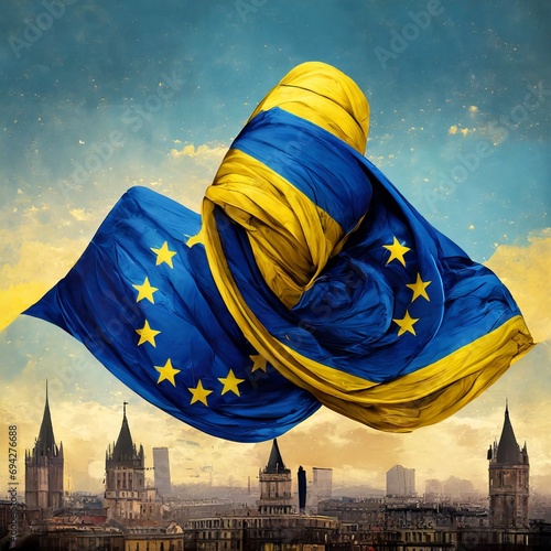 The Ukrainian flag entangled with the European Union flag, with a European city skyline as background. Illustrative digital art concept, depicting the European Union integration process for Ukraine.