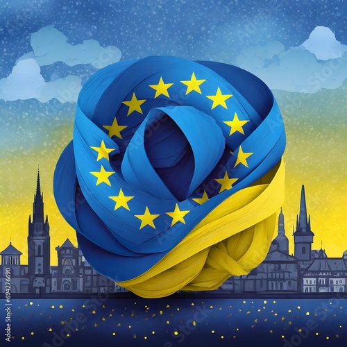 The Ukrainian flag entangled with the European Union flag, with a European city skyline as background. Illustrative digital art concept, depicting the European Union integration process for Ukraine.