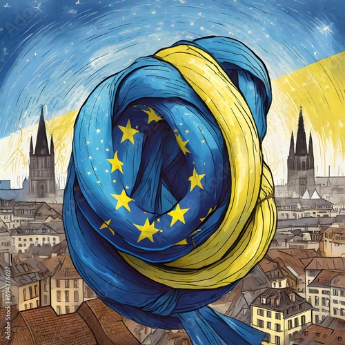 The Ukrainian flag entangled with the European Union flag, with a European city skyline as background. Illustrative digital art concept, depicting the European Union integration process for Ukraine.