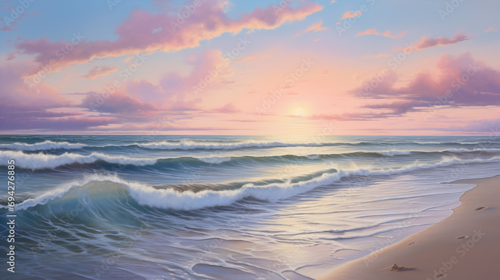 beautiful sunrise, beach, pastel color, simple landscape