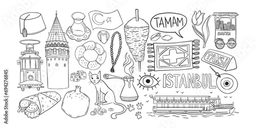 Istanbul doodle set  Turkish symbols outline collection  Hand-drawn sketch collection of traditional Istanbul icons including tram  Galata Tower  Turkish coffee  tea  lokum  and a ferry