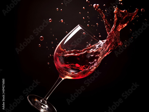 red wine splashes out and glasses on a dark background