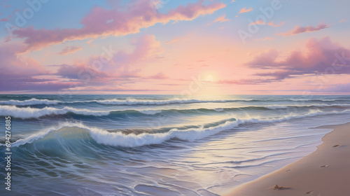 beautiful sunrise, beach, pastel color, simple landscape