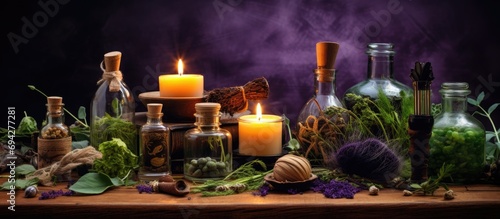A witch-themed table with candles, magic items, and herbs. Conjures (Halloween or alternative medicine) vibes. Symbolic labels on bottles, no non-imaginary text.
