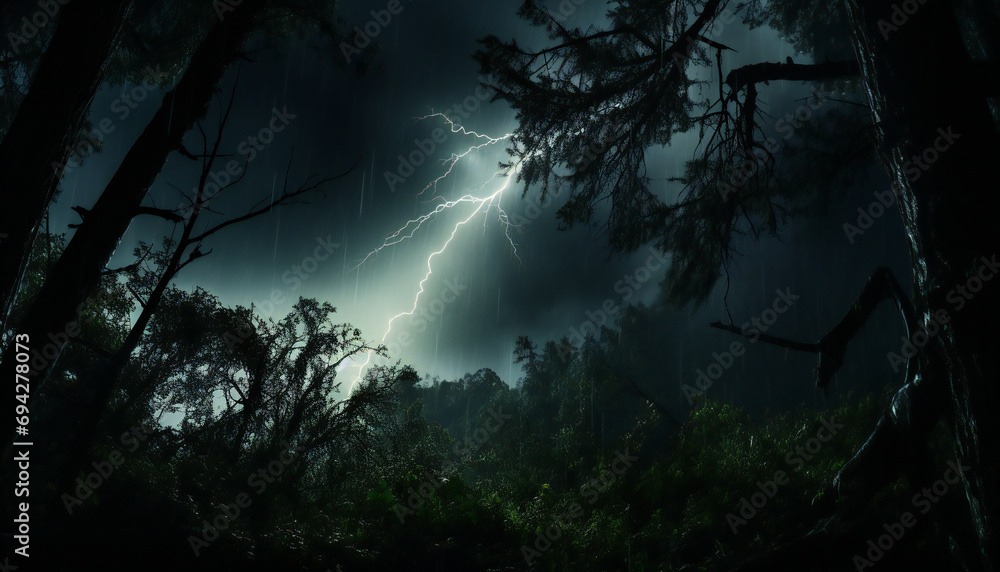 Recreation of thunder in a storm in the forest - obrazy, fototapety, plakaty 