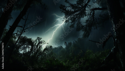 Recreation of thunder in a storm in the forest photo