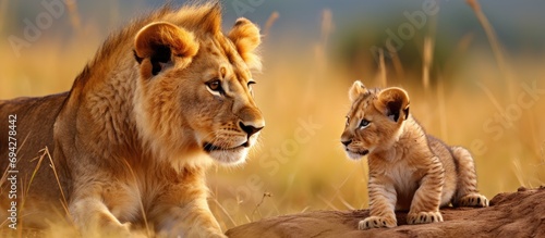 A lion cub and male lion interacting in Masai Mara National Reserve during a safari. photo