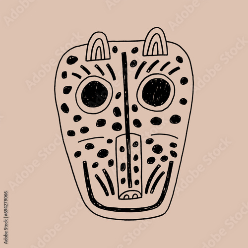 Mexican Folk Tiger Mask. Minimal Hand Drawn Line Graphic. Modern Stylized Vector Illustration
