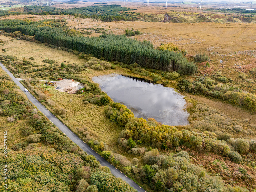 Aerial of lake in a peatbog by Clooney, Portnoo - County Donegal, Ireland.