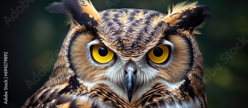 Captive Great Horned Owl with intense gaze.
