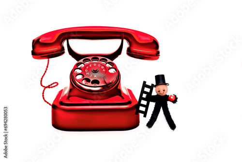 Rotes Telefon mit Schornsteinfeger feigestellt auf weißem Hintergrund