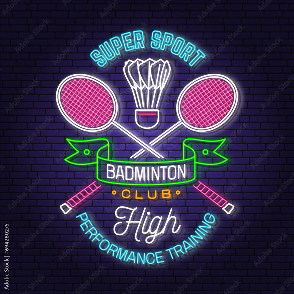 Badminton sport neon emblem. Vector illustration. Vintage badminton label with racket and