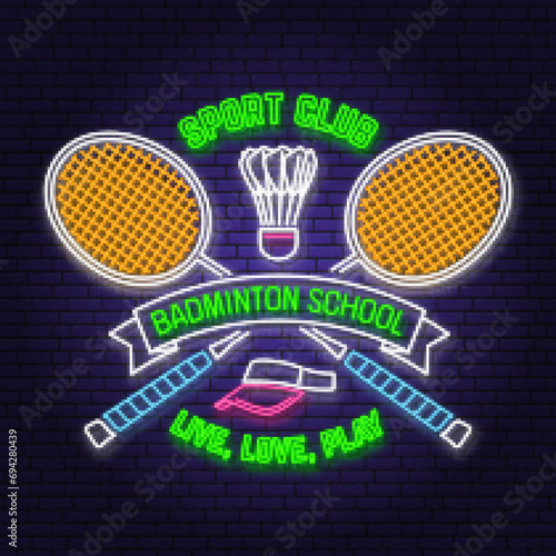 Badminton sport neon emblem. Vector illustration. Vintage badminton label with racket and shuttlecock silhouettes. Concept for web banner, nightly advertising