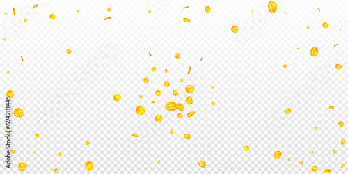 Chinese yuan coins falling. Scattered gold CNY