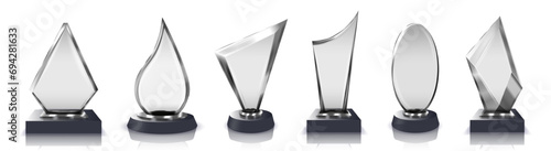 Glass trophy. Crystal transparent awards for ceremony, contest champion or award winner isolated vector illustration set