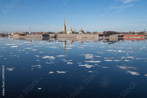 Panoramic landscape of the Peter and Paul Fortress during the spring ice drift. Saint-Petersburg, Russia photo