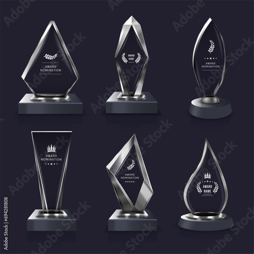 Glass award. Winner trophy plate, clear transparent achievement or nomination label isolated vector illustration template set
