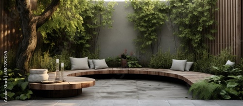 Concrete and wood seating area in a garden that is shady and cozy.
