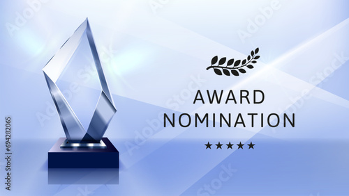 Glass trophy award banner. Luxury crystal glossy reward for winner in nomination vector background template