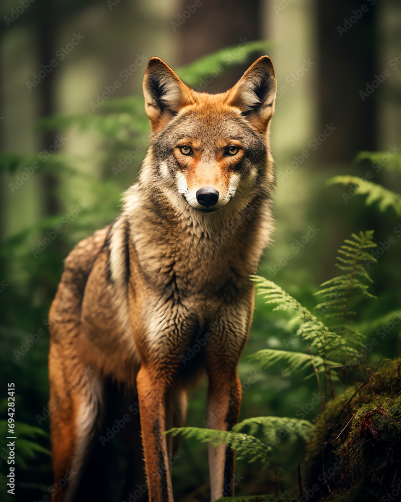 Fototapeta premium Rotwolf in einem nordamerikanischen Wald