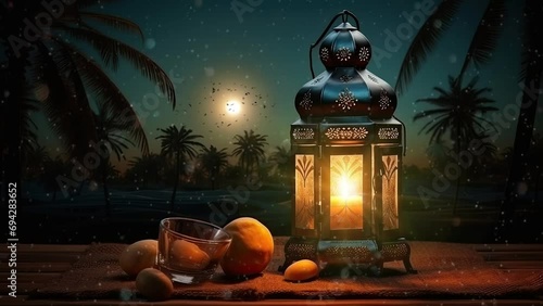 ramadan decoration with arabic lantern and candle in the night. seamless looping time-lapse virtual 4k video animation background. photo