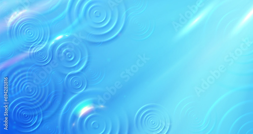Top view rings on water. Rainy sunny day, radiant blue water surface with raindrops ripples circles vector background illustration
