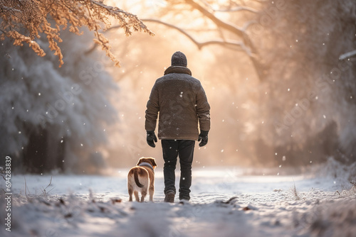 Back view of a man with a dog walking in beautiful winter forest photo