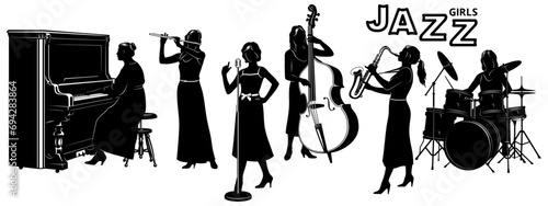 Woman Jazz Band Silhouettes Set. Pianist, Flutist, Singer, Double Bassist, Saxophonist, Drummer. Vector cliparts.
