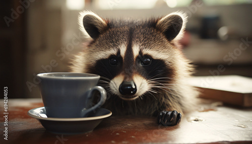 A raccoon with a cup of coffee sitting at the table, funny mourning concept photo