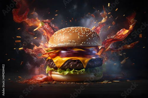 hamburger bursting with flavor ai generated background © xavier