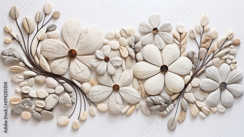 an isolated stones artistically shaped into intricate floral designs on a white canvas, showcasing the organic and visually striking nature of this unique stone artwork.