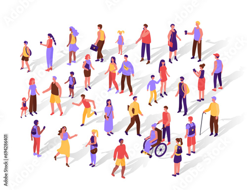 Top view diverse isometric people. Minimal flat human characters group, simple crowd isolated vector illustration set