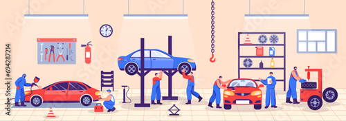 Auto repair service. Full-service auto workshop skilled mechanics, professional vehicle maintenance garage and care vector illustration