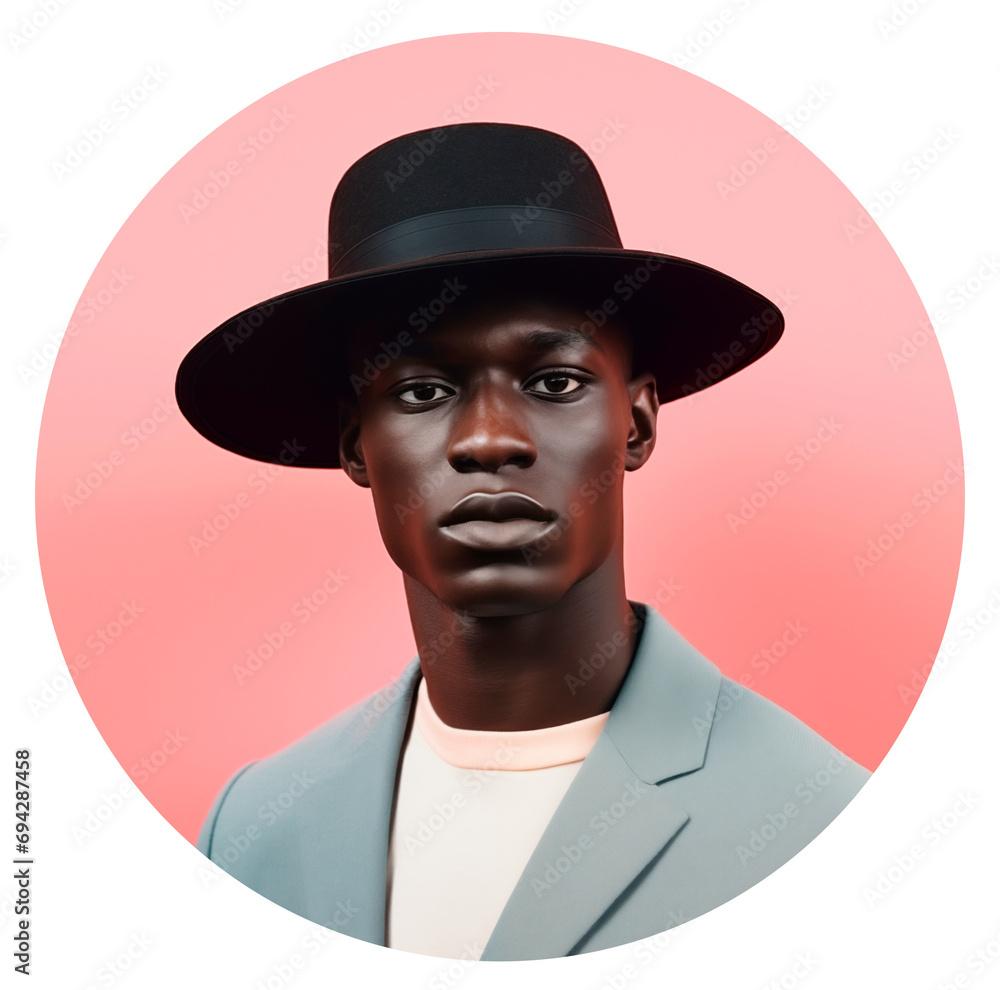 Portrait of a young dark-skinned African man. Full face of an African-American man in a black hat in a circle for userpic and profile picture. Isolated on transparent background.