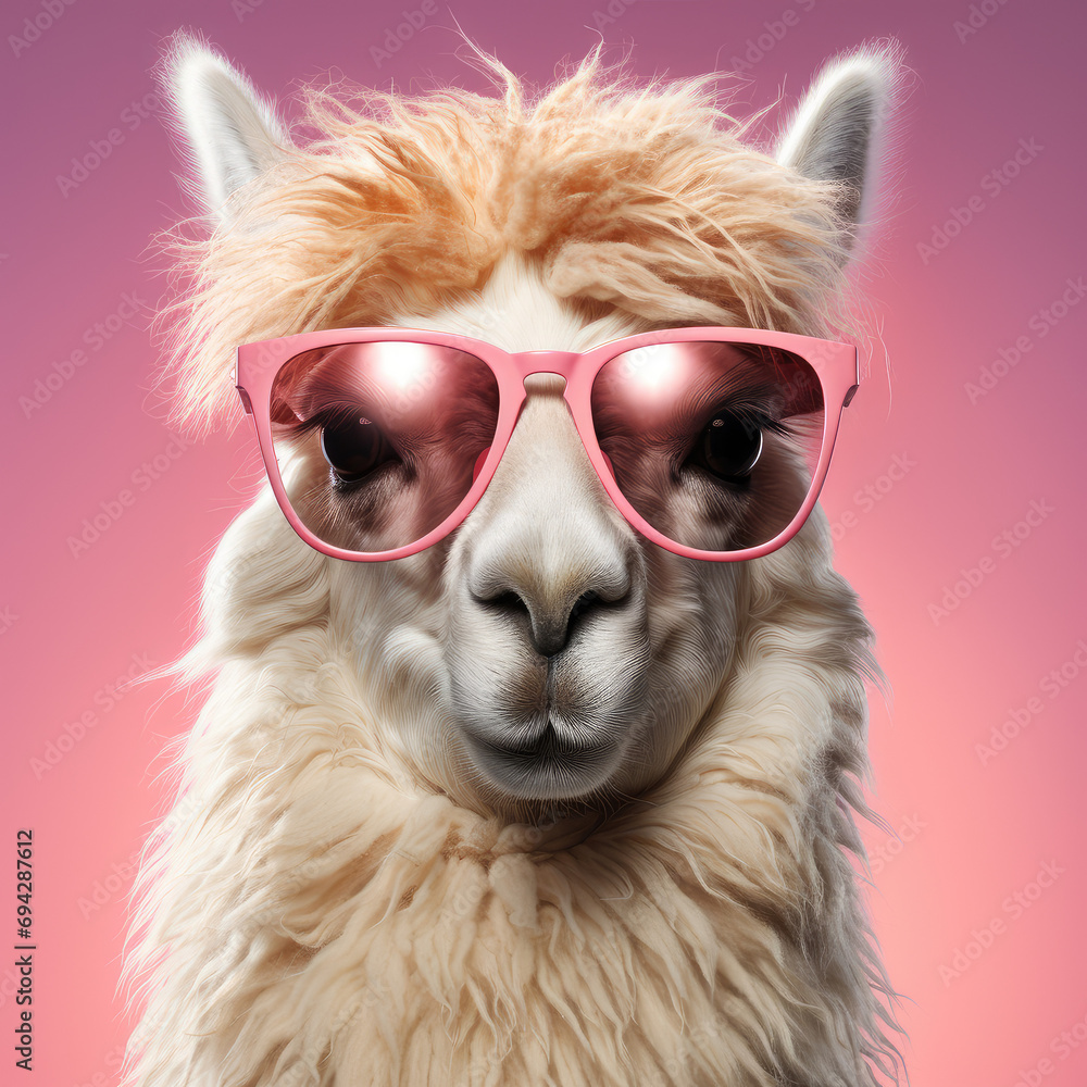 Naklejka premium Creative animal concept. Llama in sunglass shade glasses isolated on solid pastel background, commercial, editorial advertisement, surreal surrealism