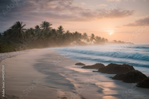 A secluded beach at dawn and the first light of day bathes the landscape in a soft pastel glow