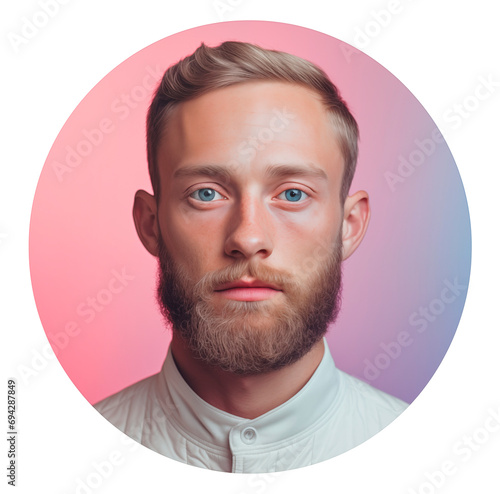 Portrait of a young man with a beard. Full face of a man with blue eyes in a pastel pink circle. Isolated on transparent background. photo