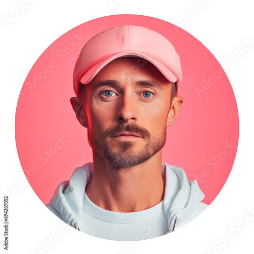 Portrait of a young man with a beard. Full face of a man in a cap in a pastel pink circle for userpic and profile picture. Isolated on transparent background.