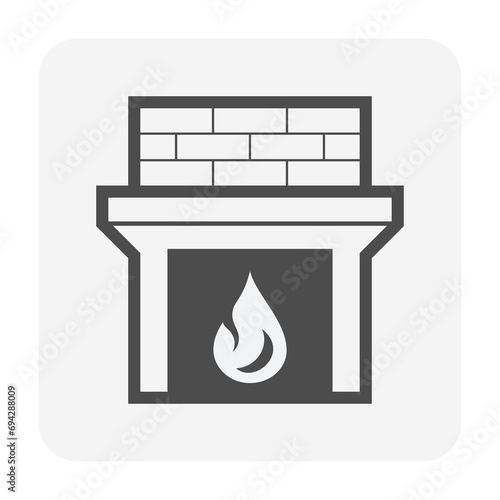Fireplace or hearth vector icon. Modern structure with brick, mantels, flame or fire burn from firewood at  interior home or house for warm, cozy or heating a room at cold weather, winter season.

