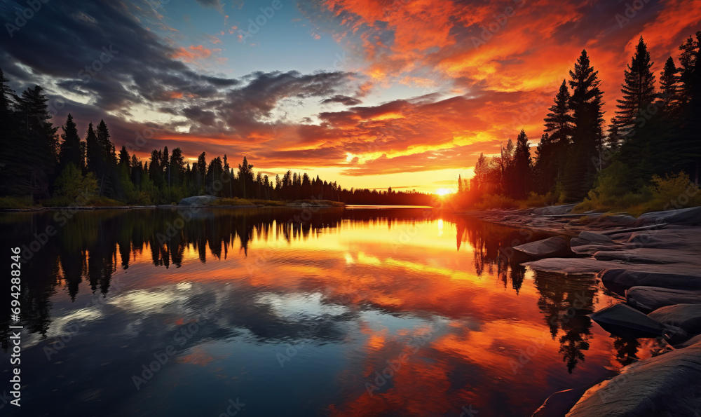 An image of a vibrant sunset over a serene lake