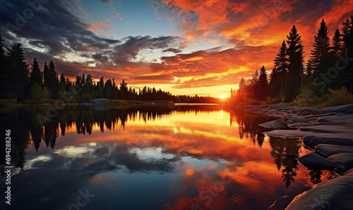 An image of a vibrant sunset over a serene lake