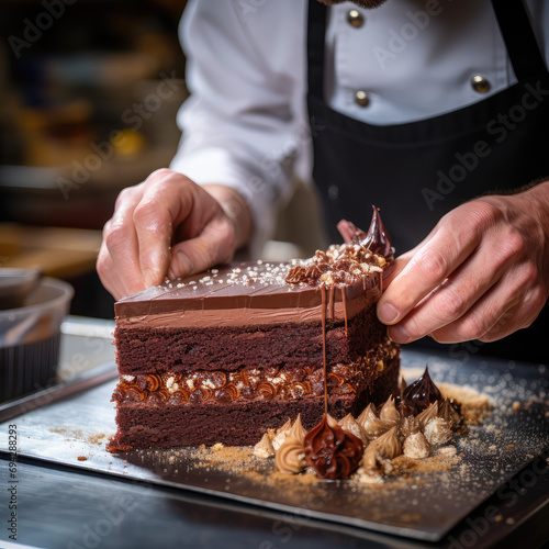 Pastry chef preparing chocolate cake