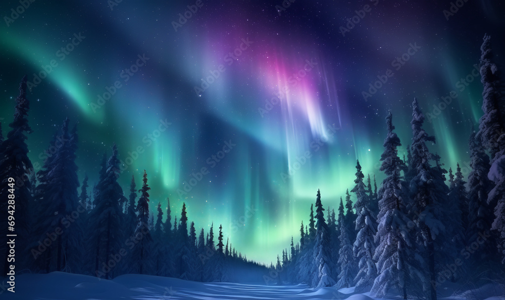 Aurora borealis. Northern lights in winter forest