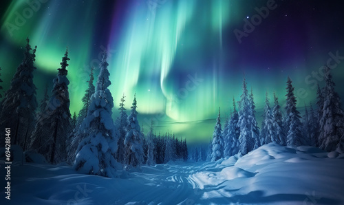 Aurora borealis. Northern lights in winter forest © adam