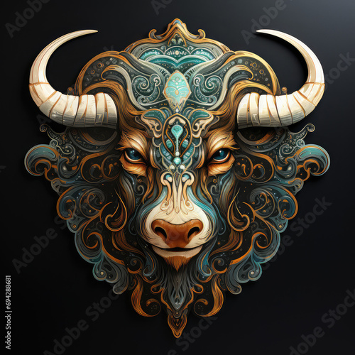 Taurus, head of bull, in the style of cosmic symbolism, dark gold and teal, detailed facial features, mirrored, dark and intricate, celestial, velvia, black background, sticker design, emblem