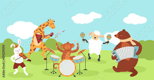 Cartoon forest animals concert. Cute zoo musicians play music with musical instruments, wild jazz band and wildlife characters musical performance vector illustration